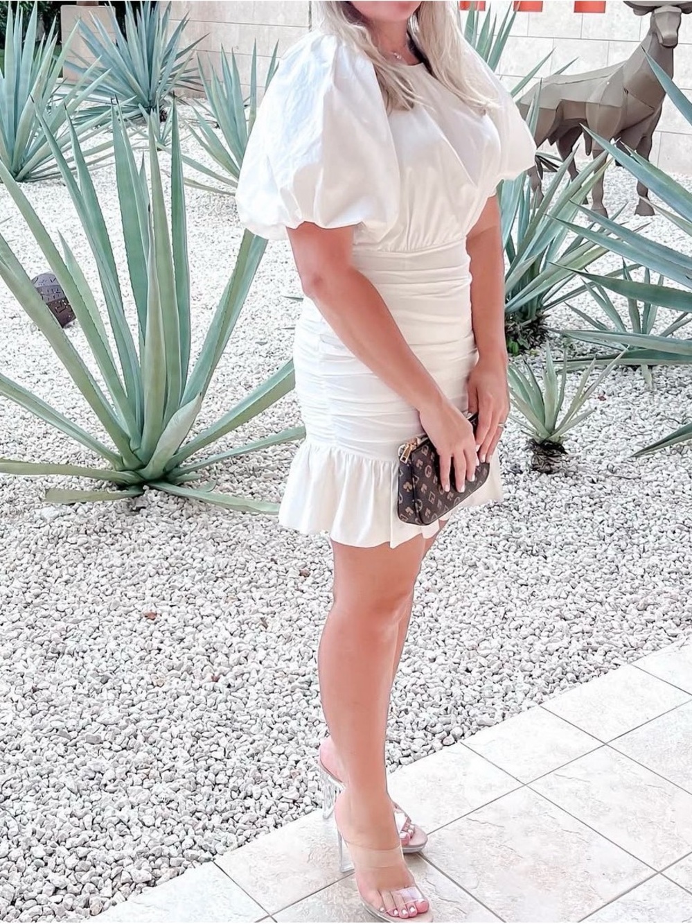 White Puff-Sleeve Women's Dress - Picture 4 of 4